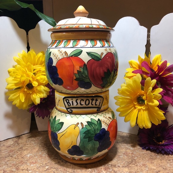 Kitchen Vintage Handmade Hand Painted Ceramic Biscotti Cookie Jar For